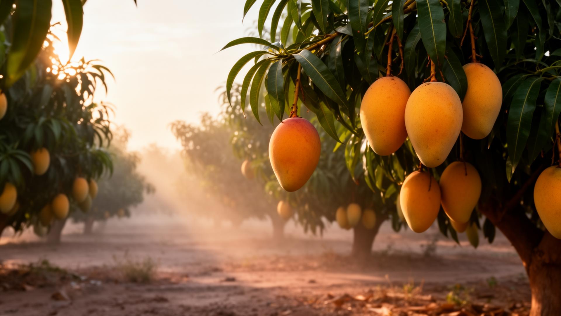 Pakistani mango orchard at golden hour