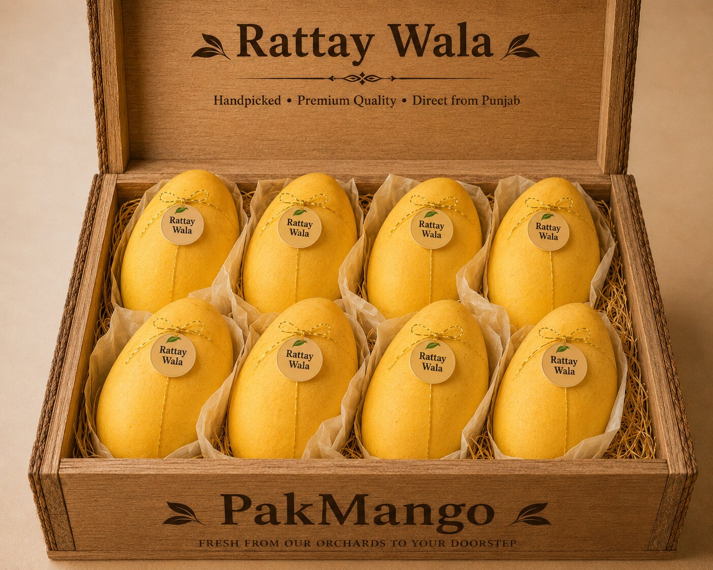 PakMango wooden gift box of eight Rattay Wala mangoes, each wrapped and labelled